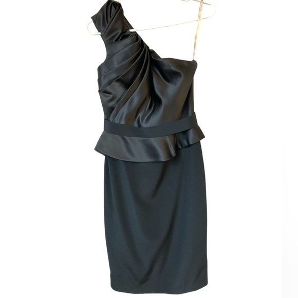 Marchesa Notte Black Ruffle One Shoulder Peplum Dress Size 2 - Picture 1 of 9